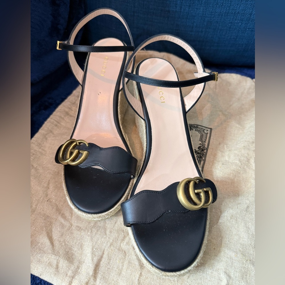 Gucci Black Leather GG Espadrille Wedge Sandals - Size 39.5
